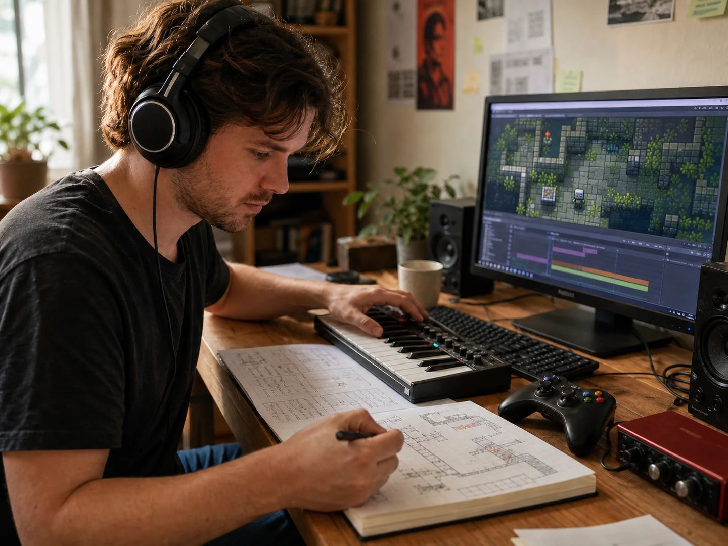 Indie game developer adding 8-bit music to a pixel game