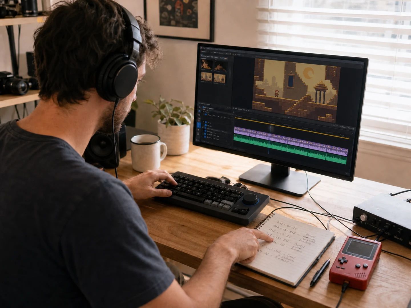 Video creator using chiptune background music in an edit