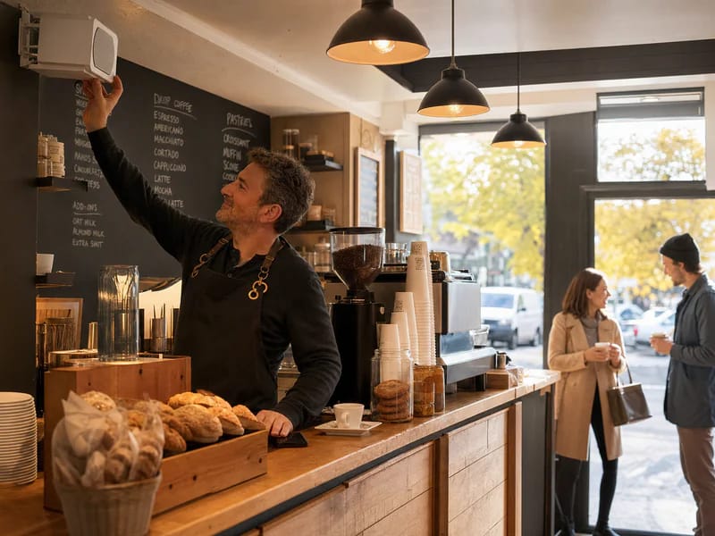Small business owner playing their new jingle in the shop