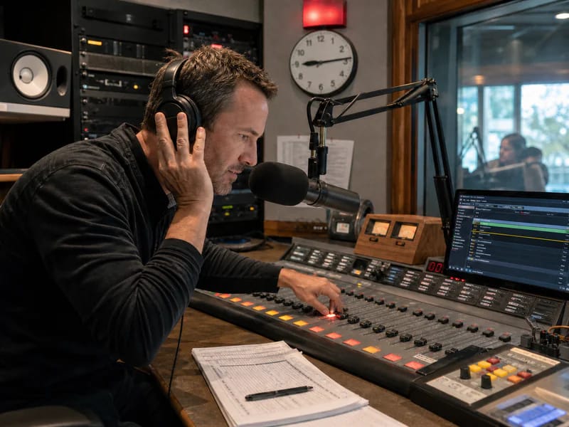 Radio producer cutting a station jingle