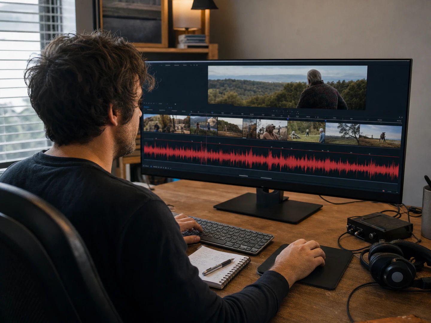 An editor laying a music bed under a long timeline