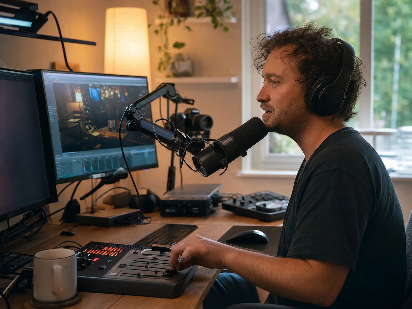 A streaming desk with background music playing