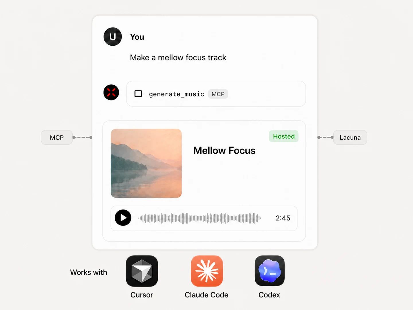 Cursor, Claude Code y Codex usando la documentación de Lacuna para añadir generación de música con IA
