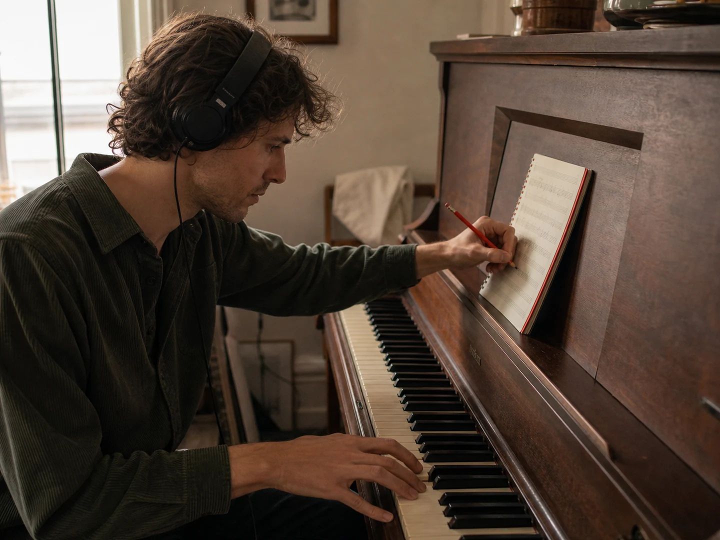 Musician reading transcribed notes on a piano roll