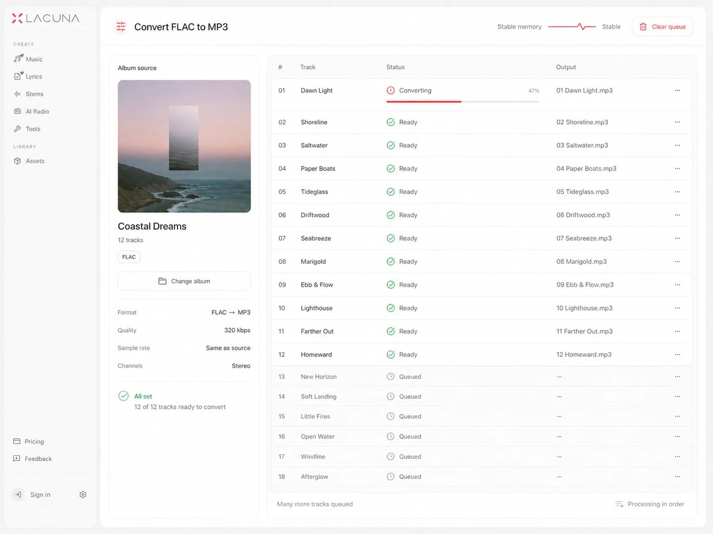 Whole albums, no file count, no daily limit