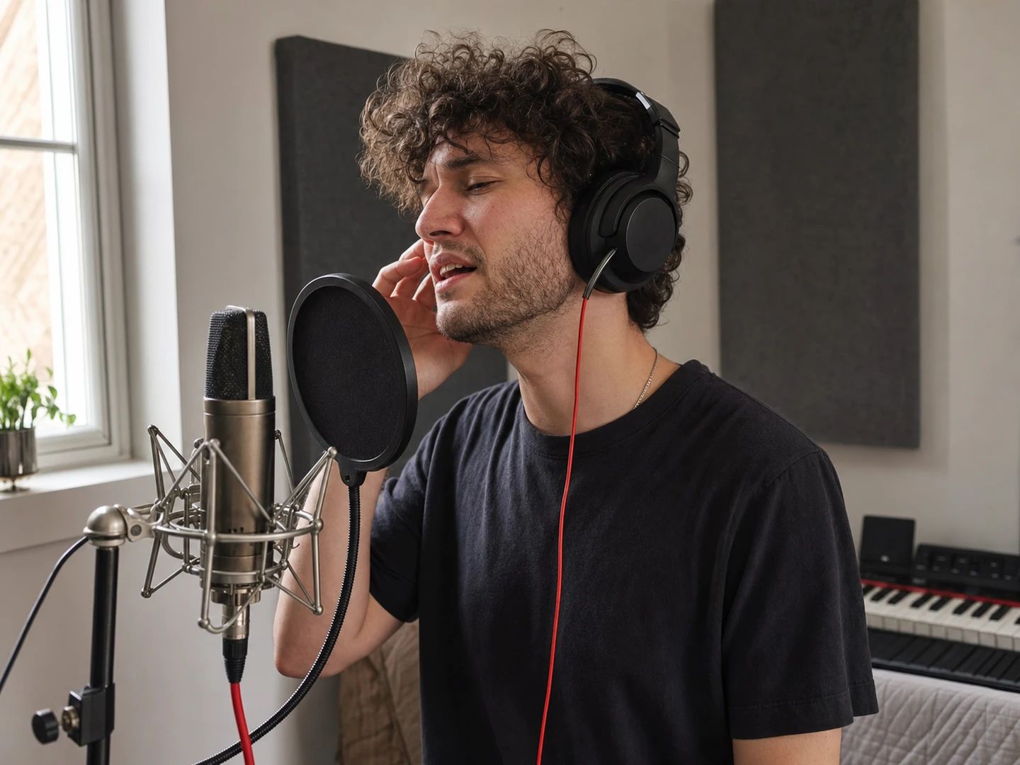 Singer recording a cover over an instrumental version of a song