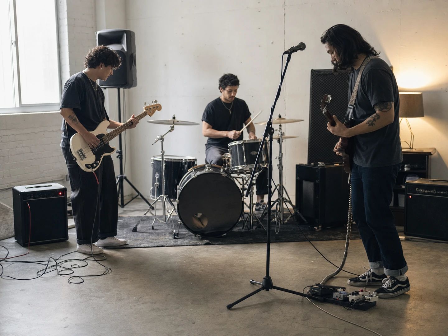 Band rehearsing along to an instrumental version of a track