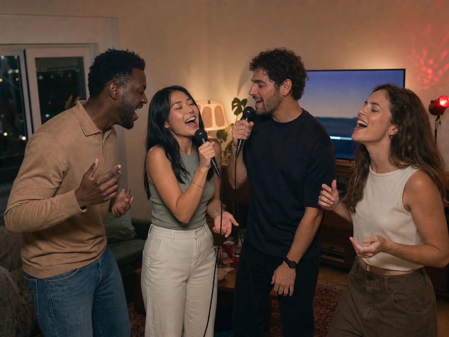 Friends singing karaoke to a track made from their own playlist