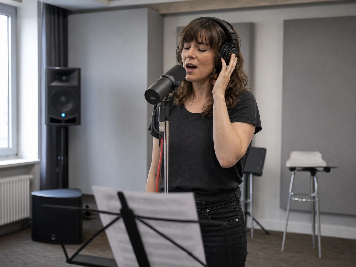 Singer rehearsing against a karaoke instrumental