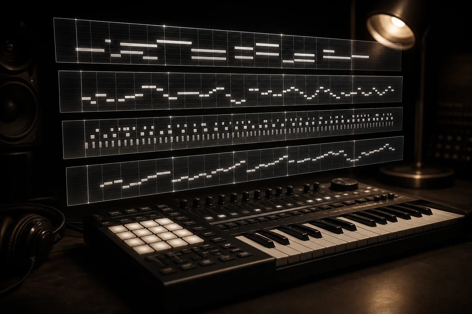 AI MIDI generator outputting chord, melody, drum, and bass MIDI tracks in a stack