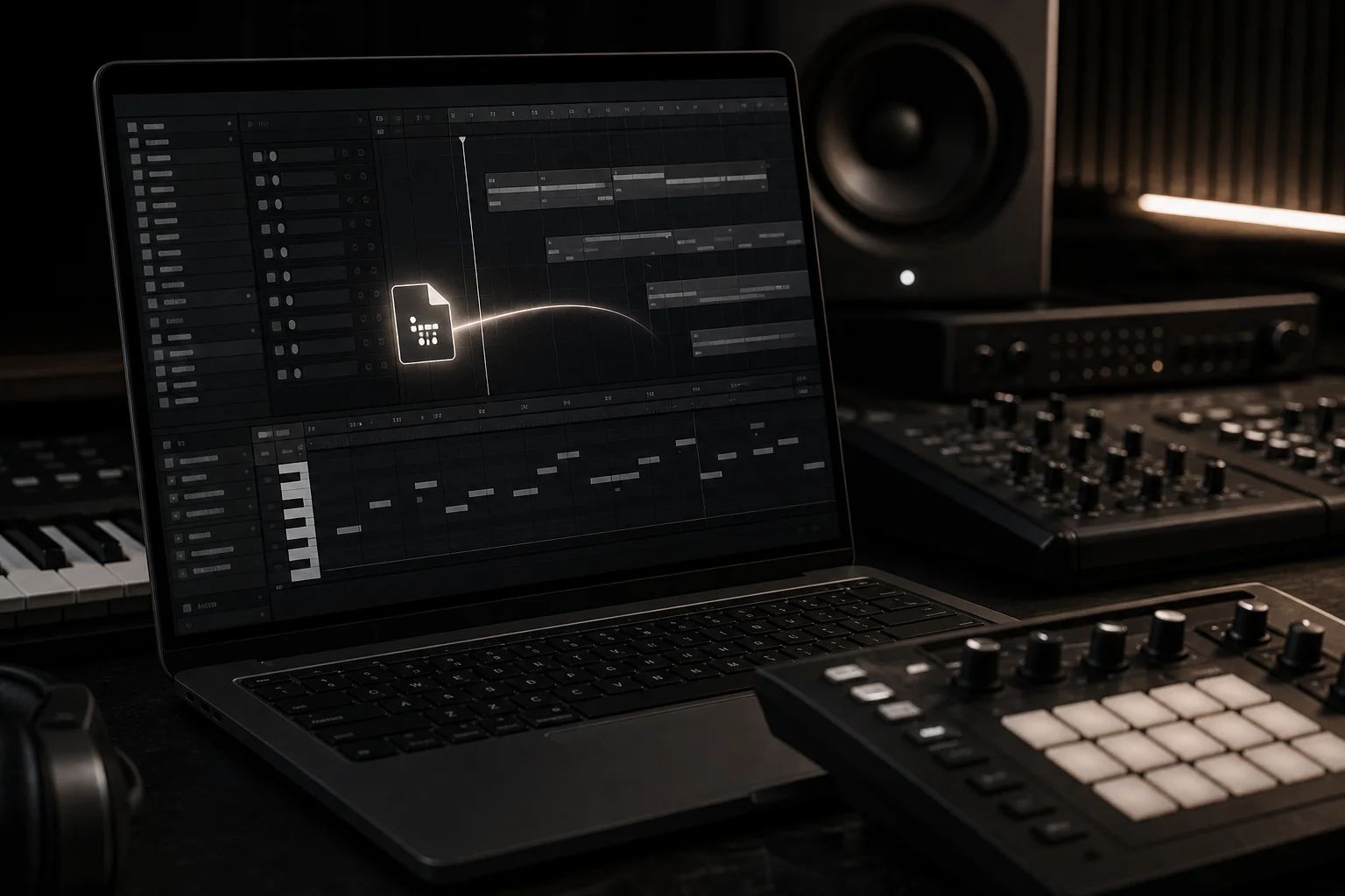 MIDI file dragged into a DAW timeline showing piano roll and arrangement