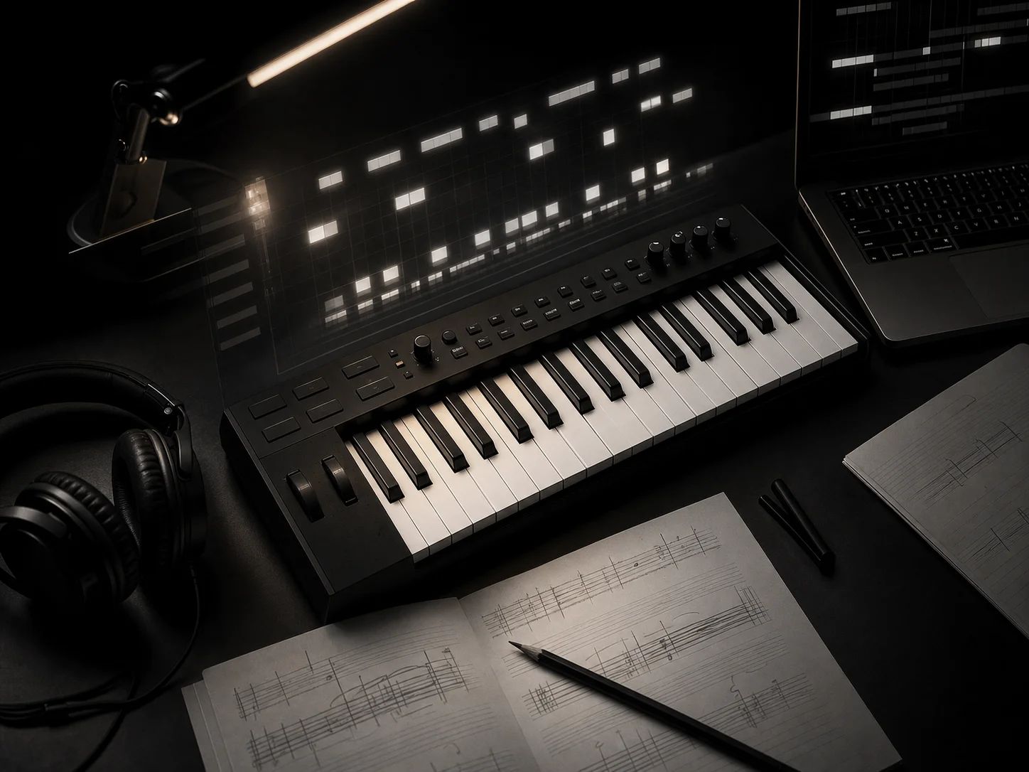 AI MIDI Generator workspace turning text prompts into editable MIDI files