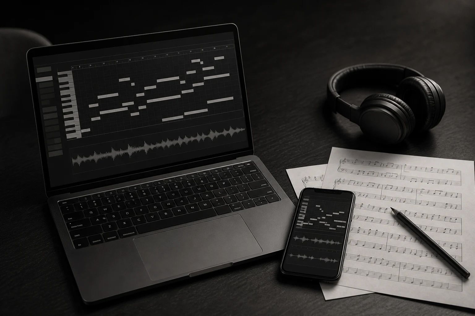 Ein Laptop auf einem Küchentisch zeigt eine Musik-App, daneben ein Handy und ein Notizbuch