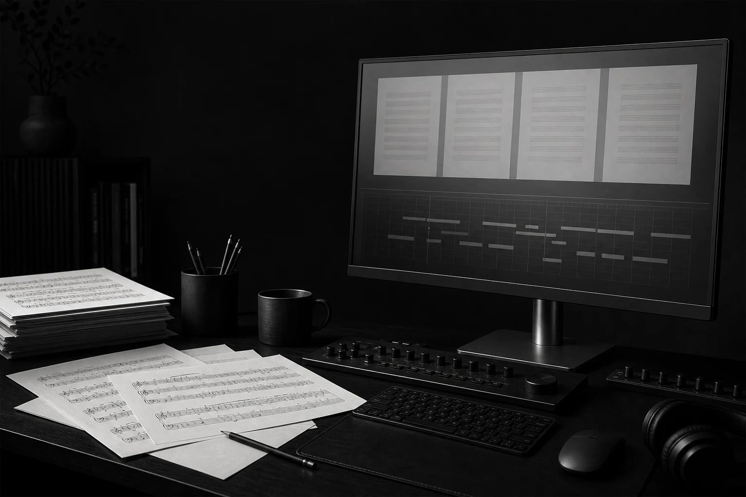 Ein Komponist überprüft Seiten einer mehrzeiligen Partitur auf einem großen Monitor in einem modernen Studio