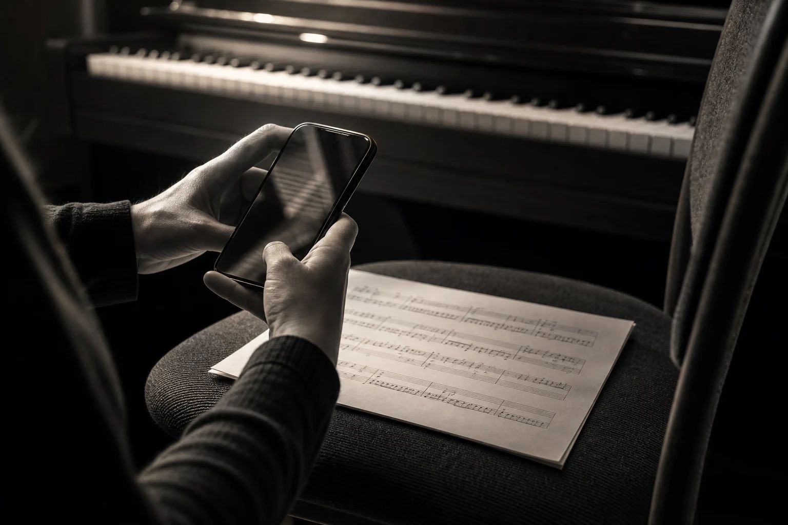 Ein Musiker fotografiert eine Notenseite mit einem Handy in einem sanft beleuchteten Übungsraum