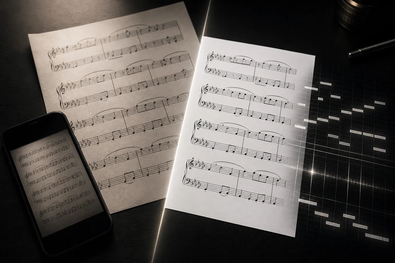Ein Handyfoto einer Notenseite neben einer bereinigten, scannerähnlichen Version mit rechts gerenderten MIDI-Balken