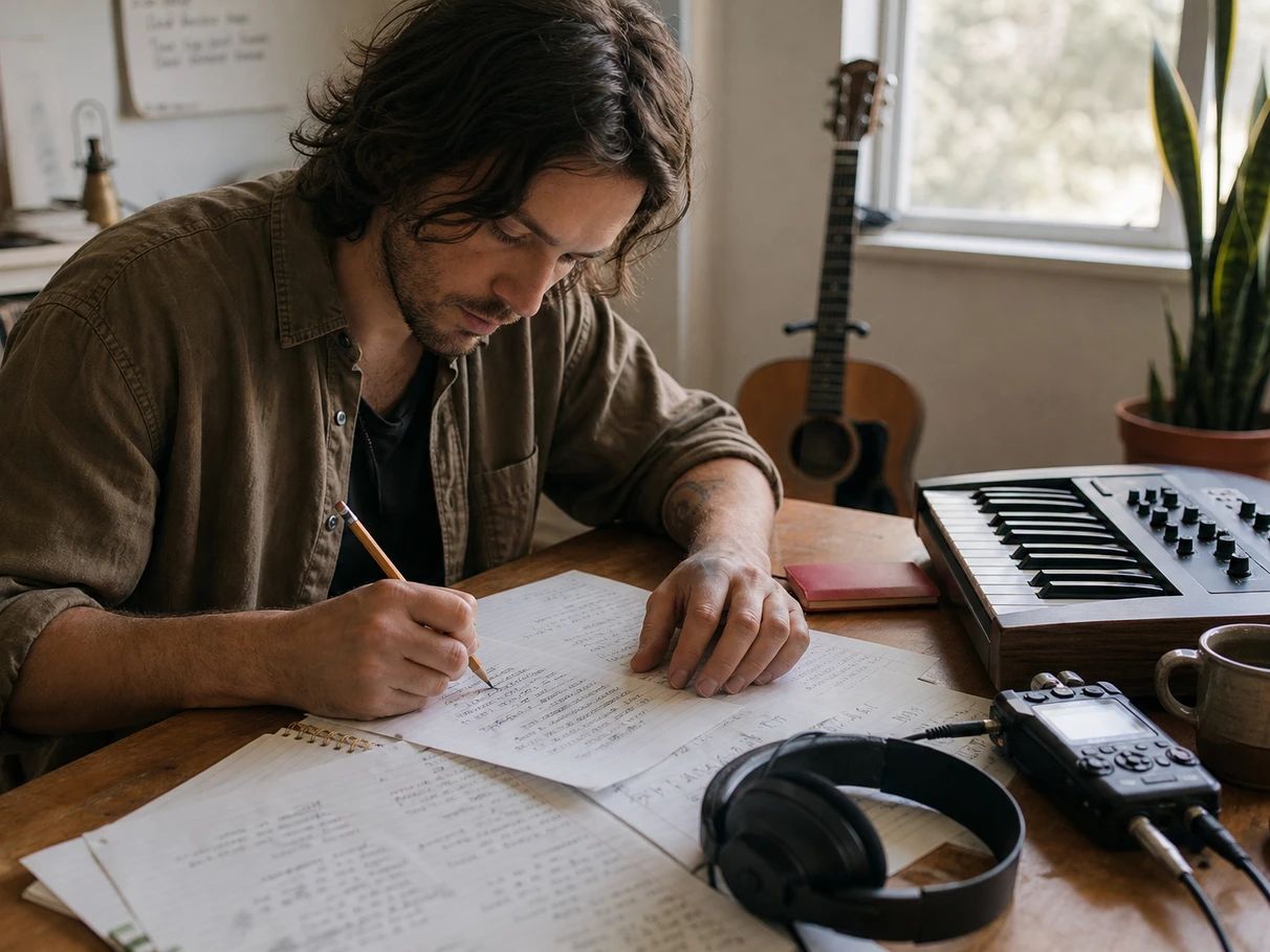 Songwriter refining lyrics line by line with syllable counts visible