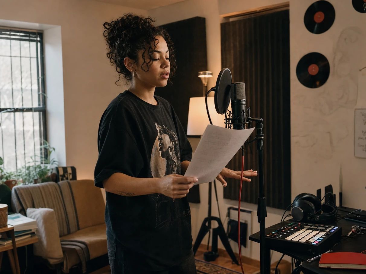 Rapper checking rhyme scheme highlighting on a verse
