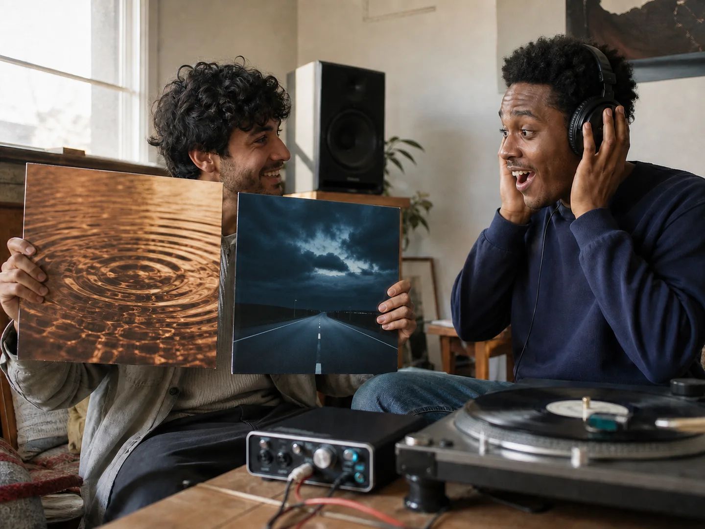 Dos portadas de álbum una al lado de la otra en la pantalla de un móvil