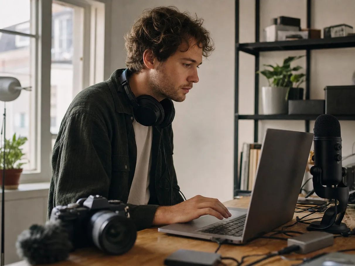 Content creator scoring a video with licensed AI music
