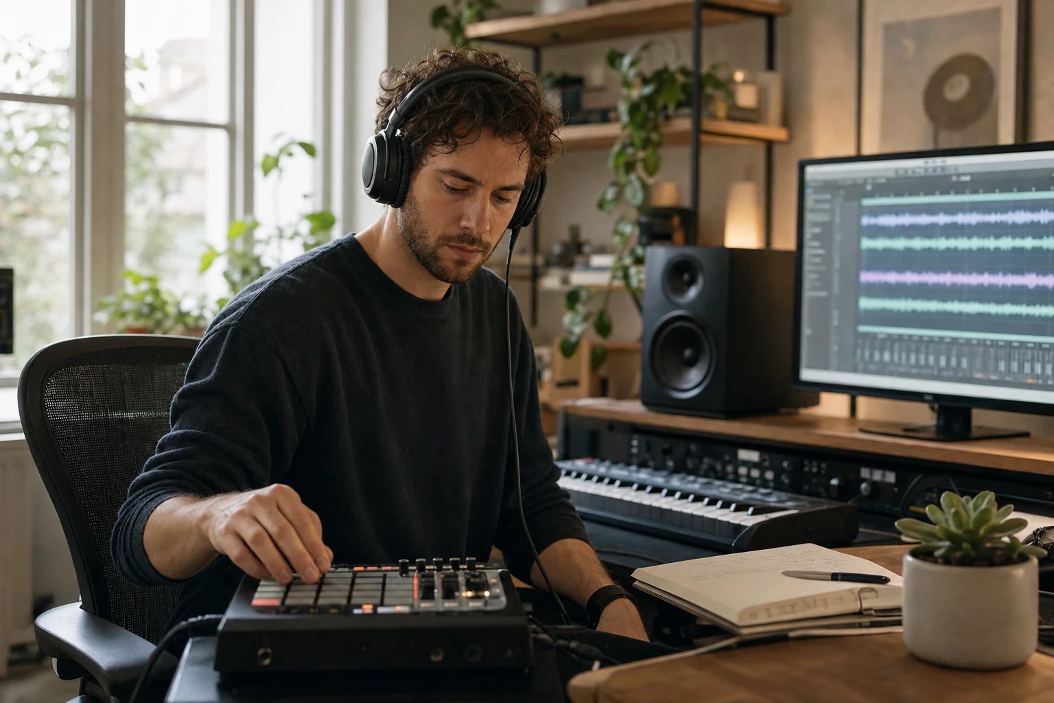Producer sampling isolated stems to build a remix