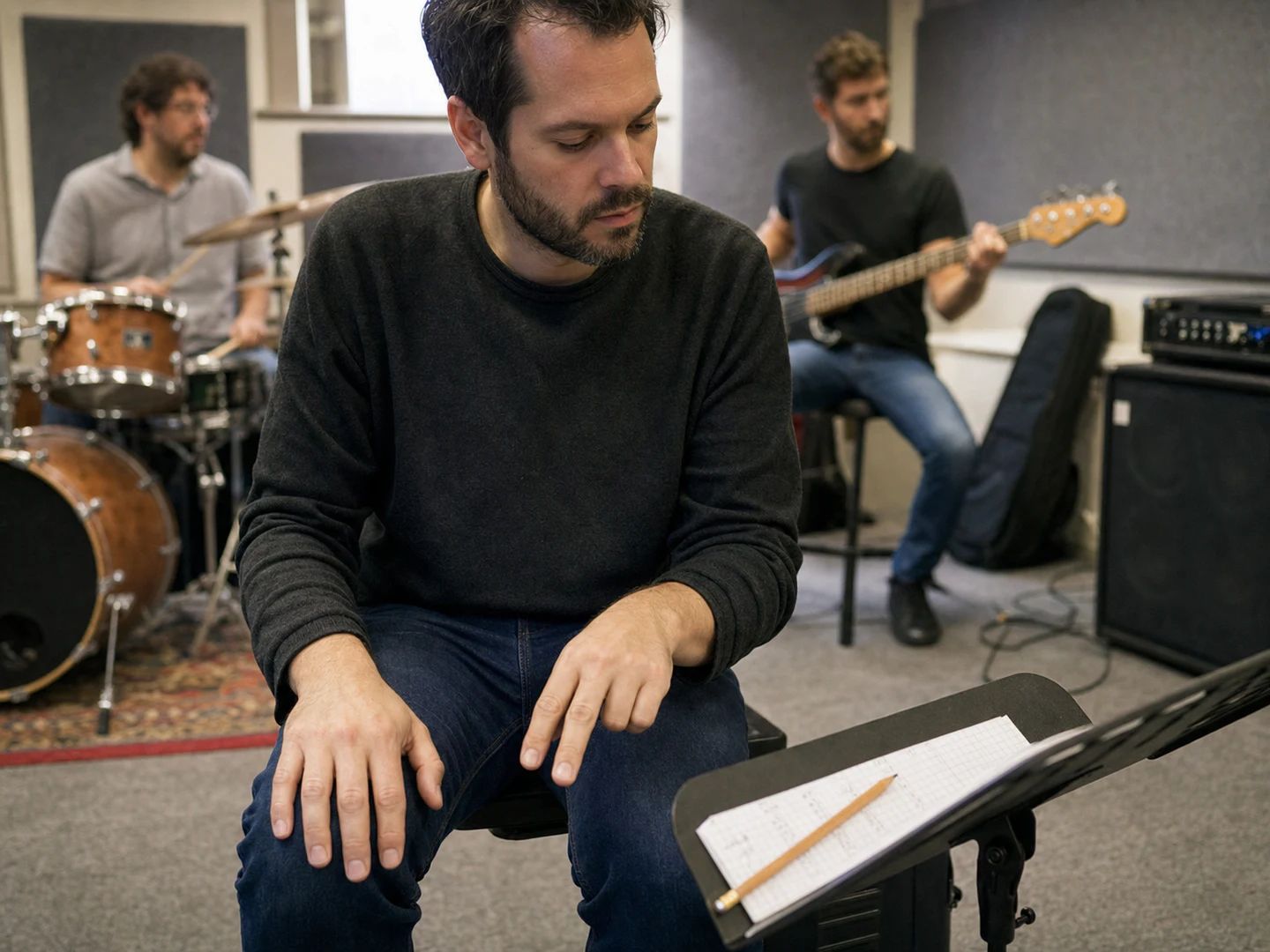 Miembro de una banda marcando un tempo durante el ensayo
