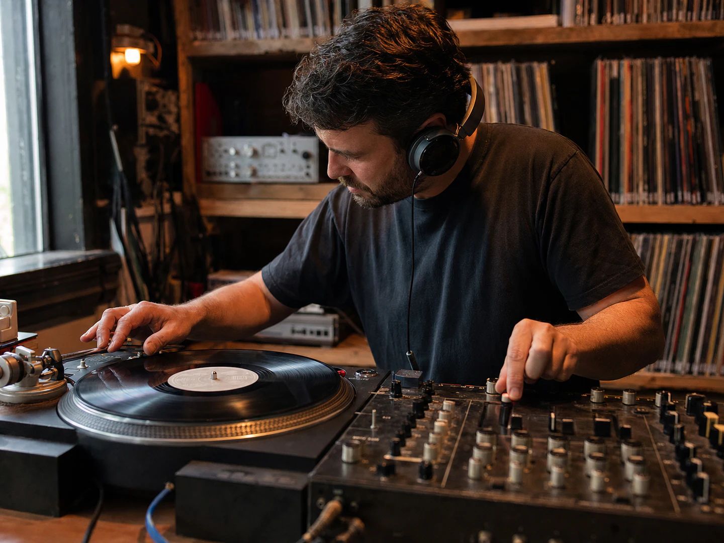 DJ marcando el tempo de un vinilo que suena en el plato