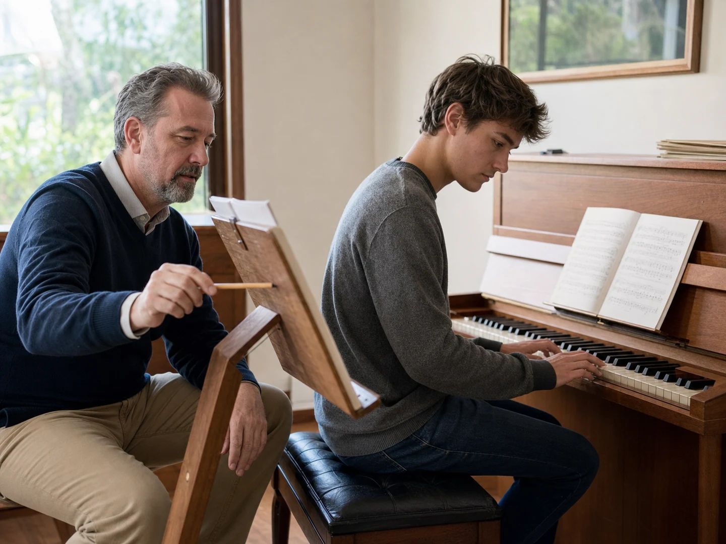 Profesor de música y alumno comparando un tempo marcado