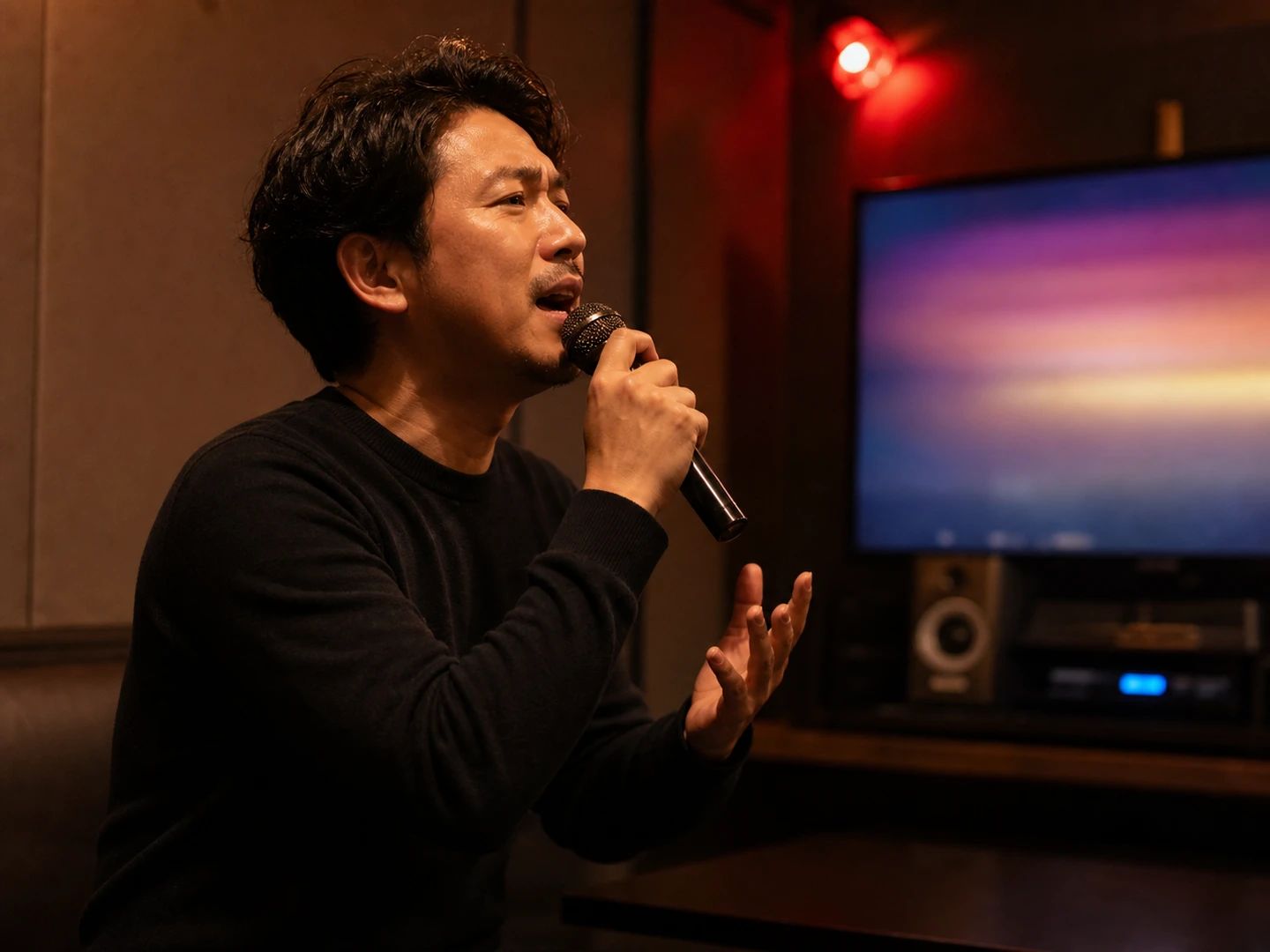 Singer performing over a vocal-free karaoke backing track