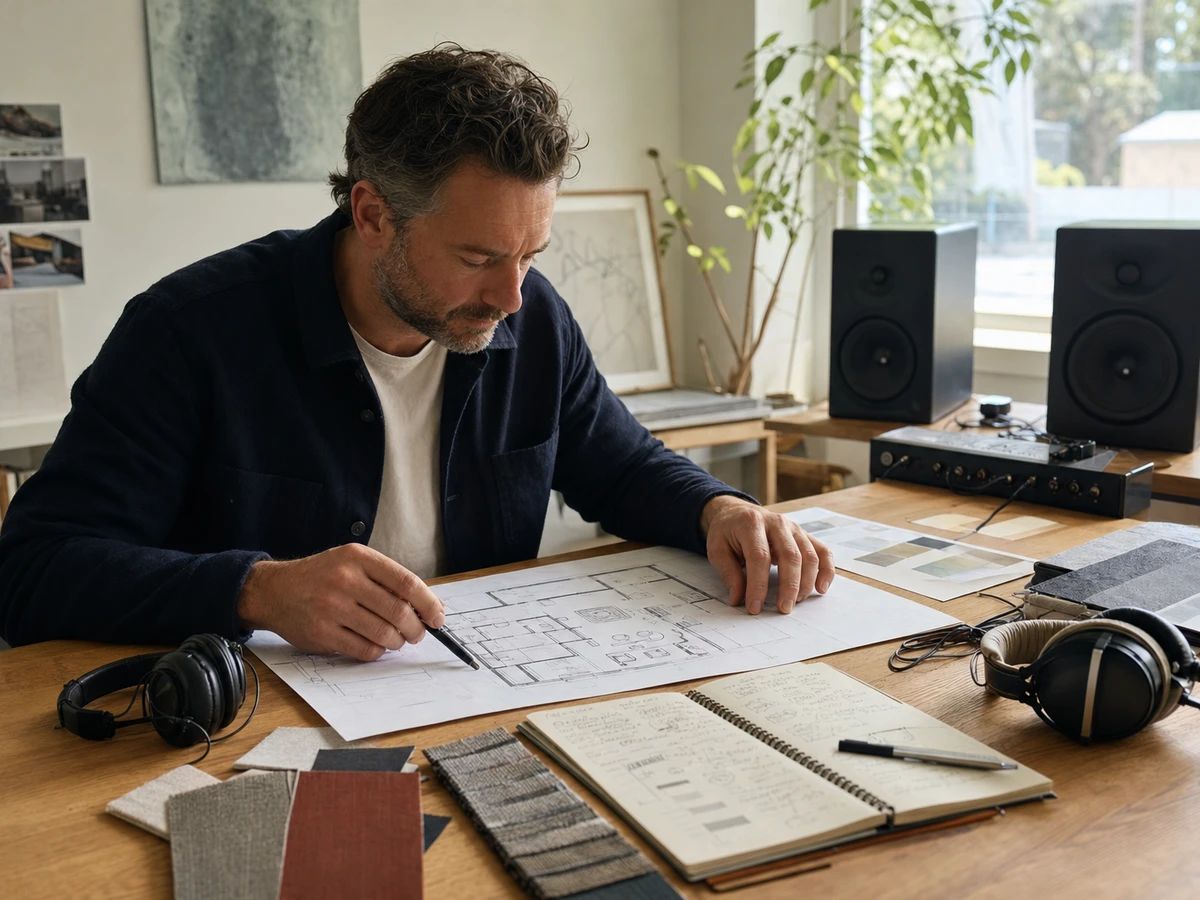 Background music designer developing a commercial-space sound brief