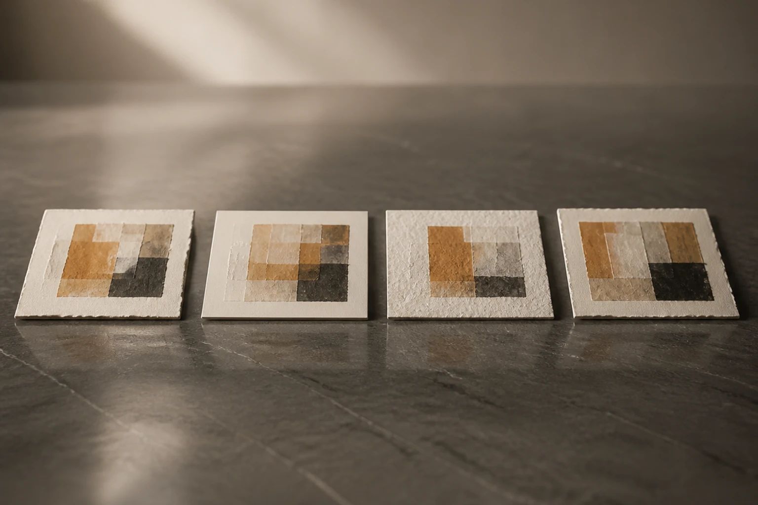 Four variant album cover concepts arranged side-by-side on a wall above a vintage tape machine