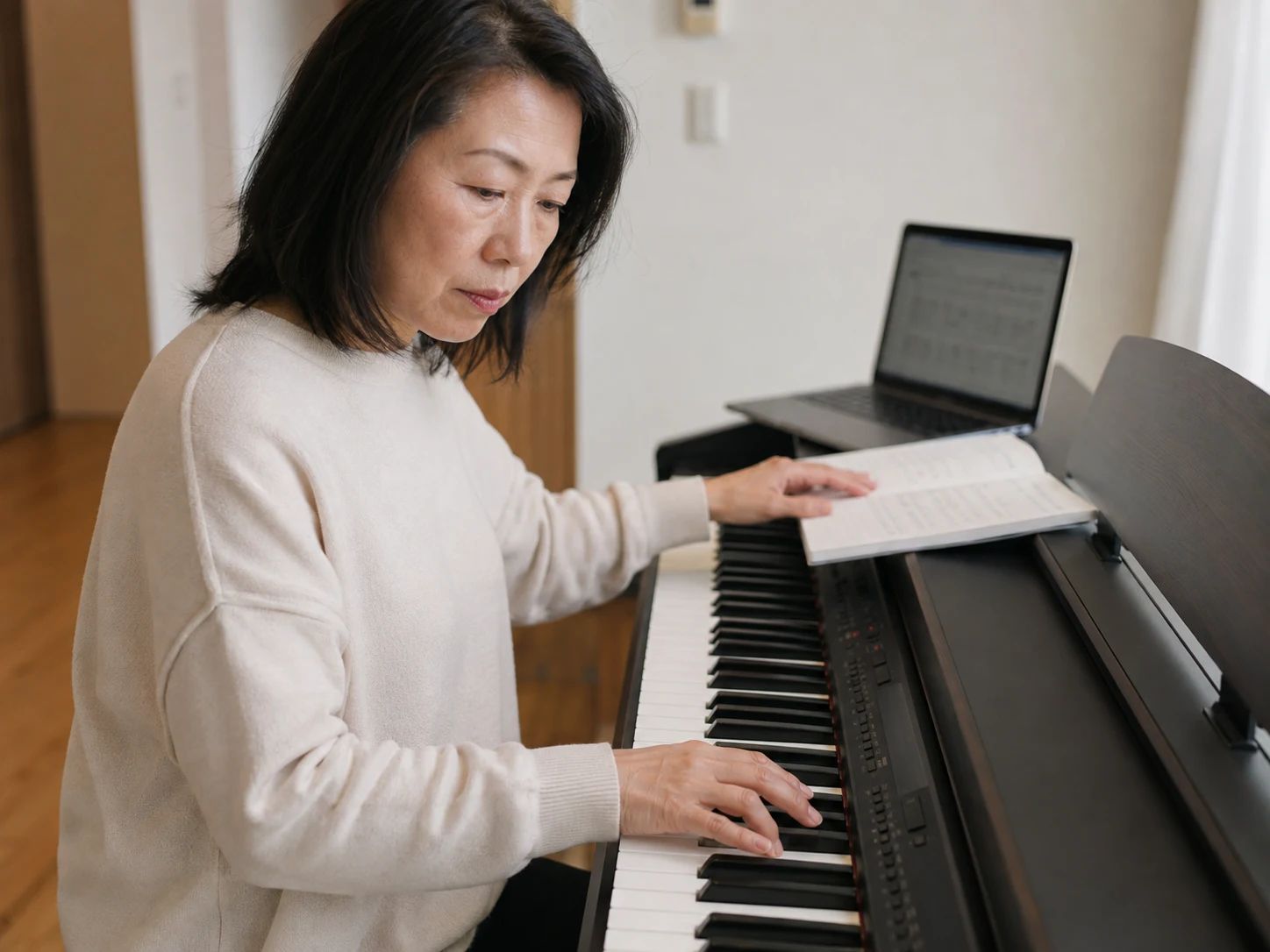 An adult music learner compares chords at a digital piano with notes and a laptop.