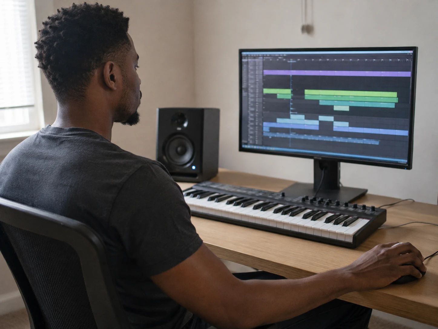 A beat maker works with a MIDI keyboard and a music arrangement on a studio monitor.