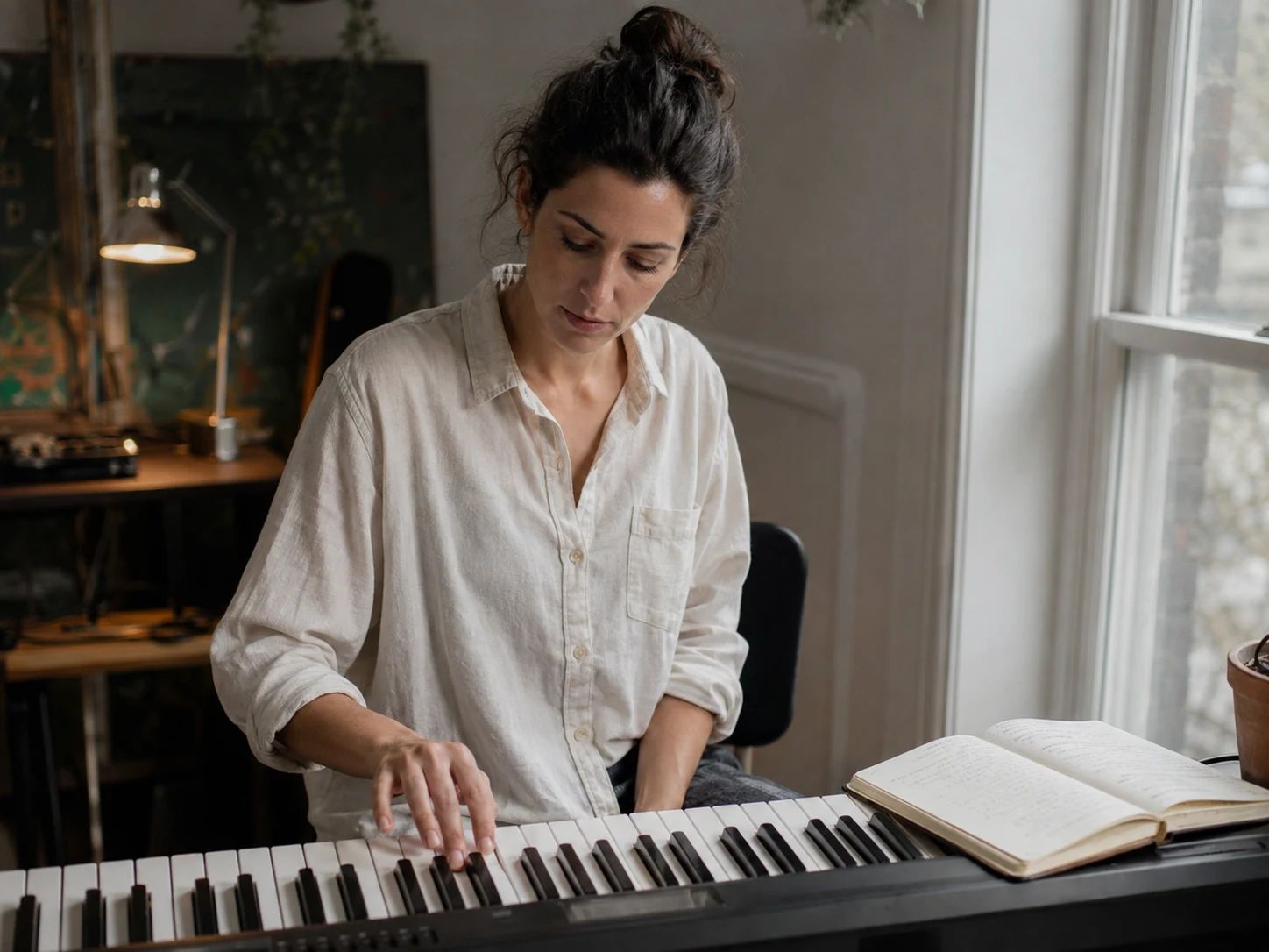 A songwriter explores a melody at a keyboard in a naturally lit home studio.