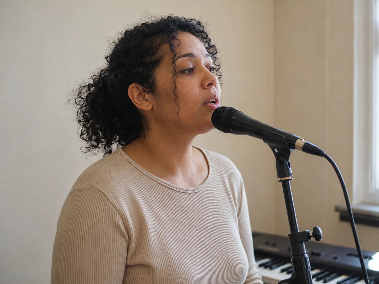 Singer holding a comfortable note near a microphone