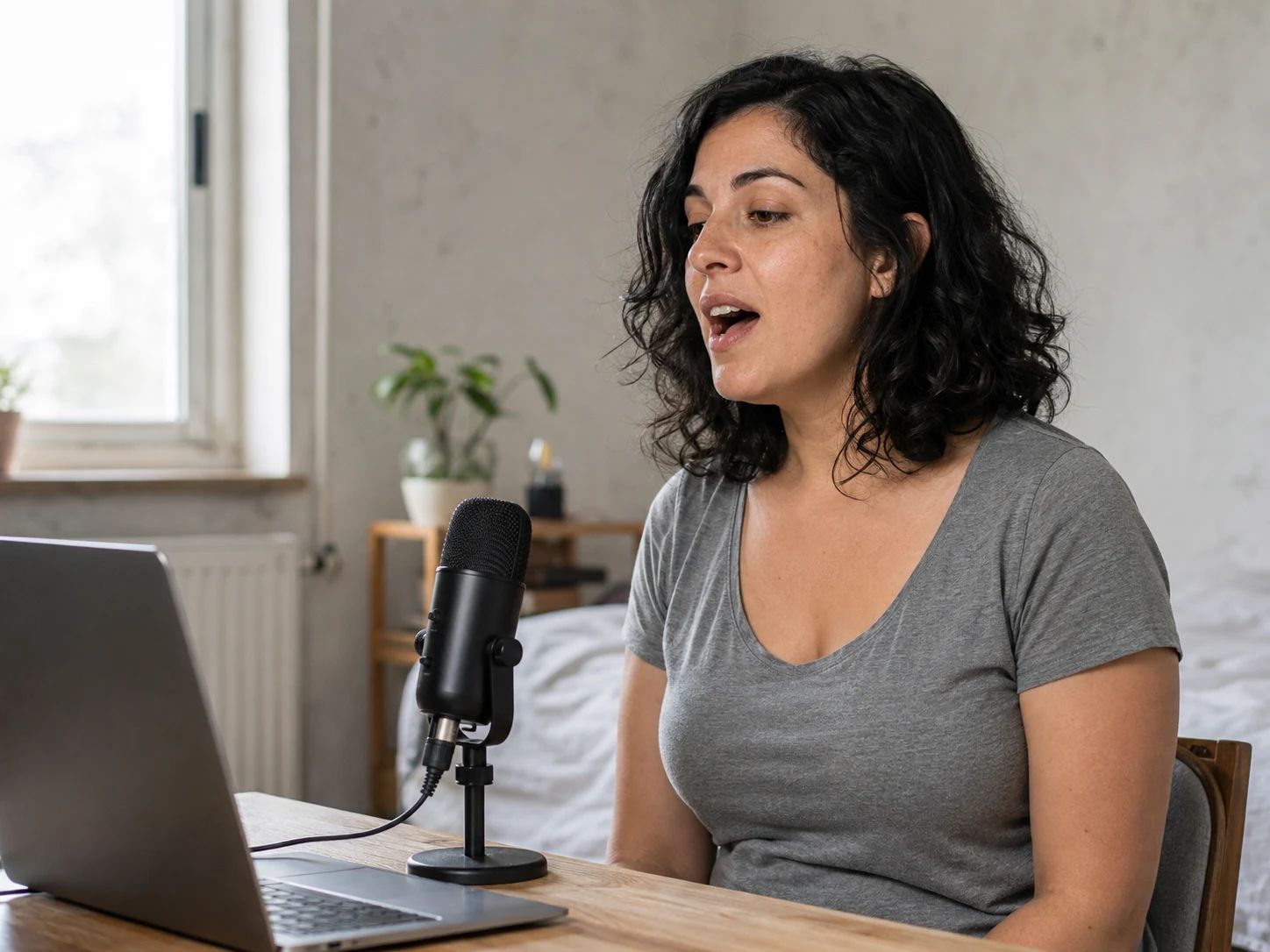 Adult beginner singer practicing a comfortable note with a microphone at home