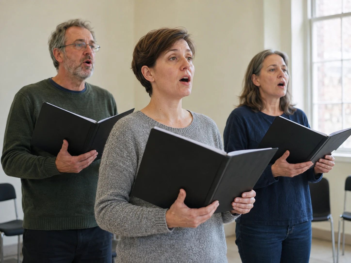 Community choir members holding music folders during a relaxed rehearsal