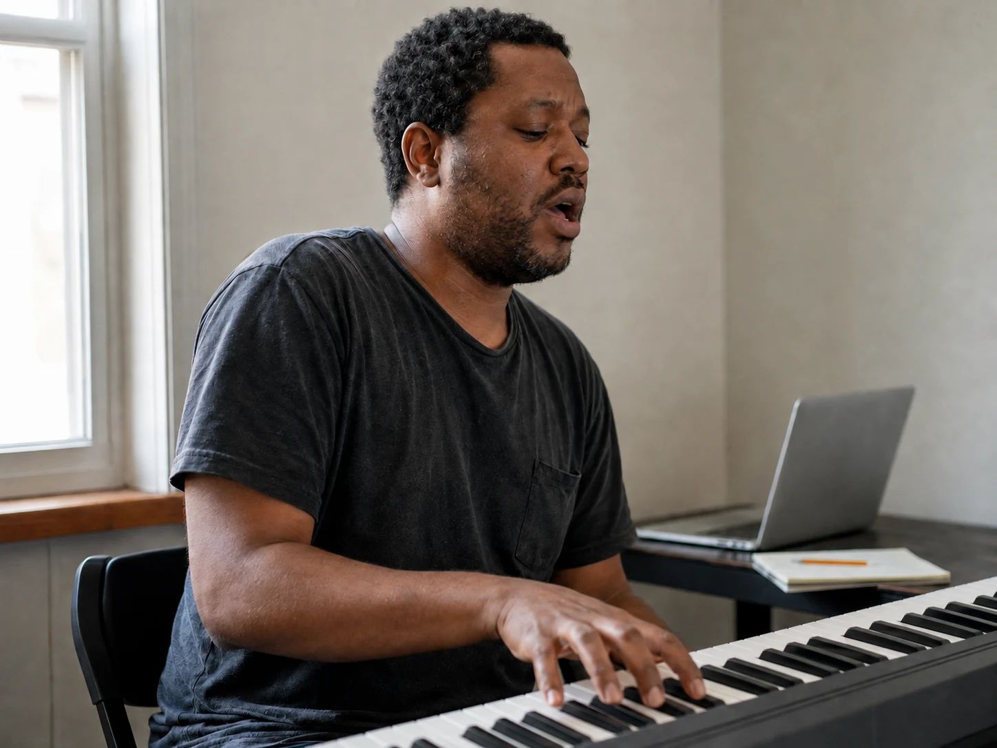 Songwriter singing a melody while playing a keyboard at home