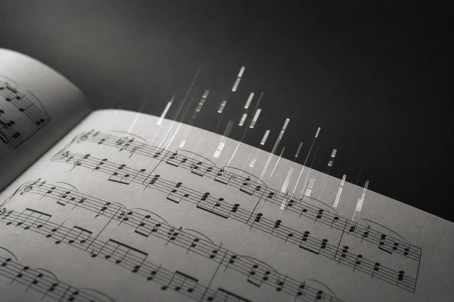 A close-up of a printed piano score under warm studio lamp light with glowing MIDI bars overlaid on the staves