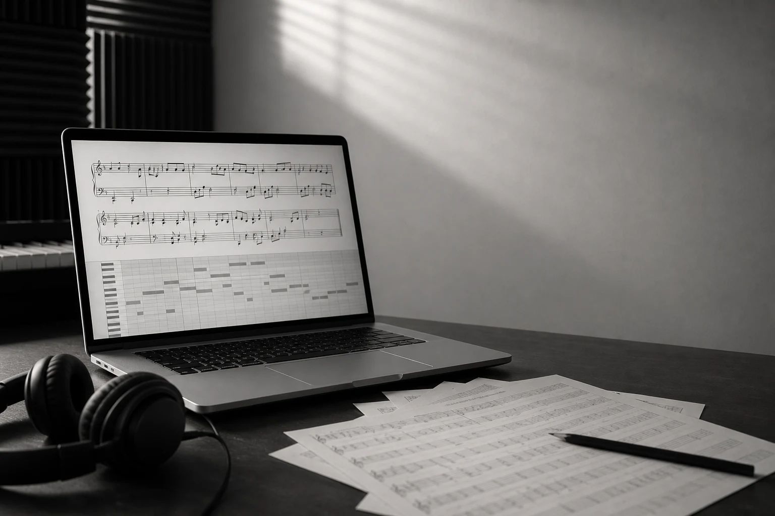 A laptop on a wooden desk with a music score open in a browser tab, soft daylight streaming through a side window