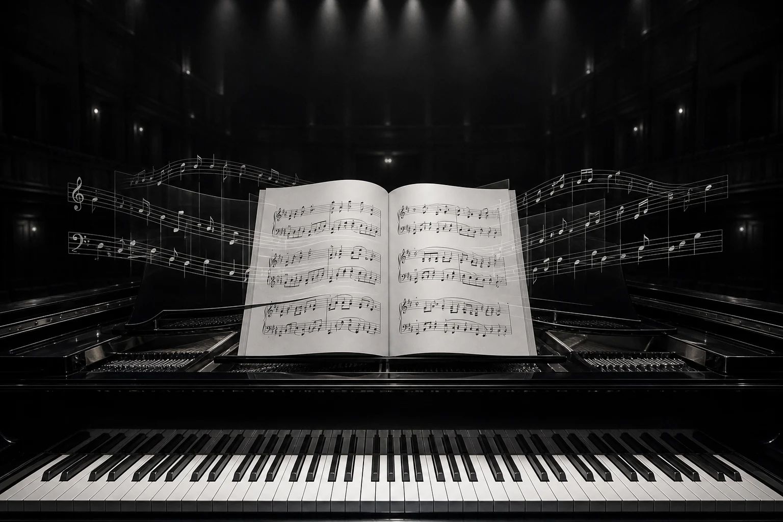 A grand piano with sheet music on the music desk inside a softly-lit recital hall, layered shadows from overhead spotlights