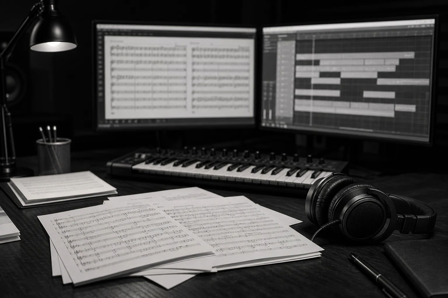 A composer arranging a chamber piece on dual monitors in a dimly-lit home studio, headphones around the neck