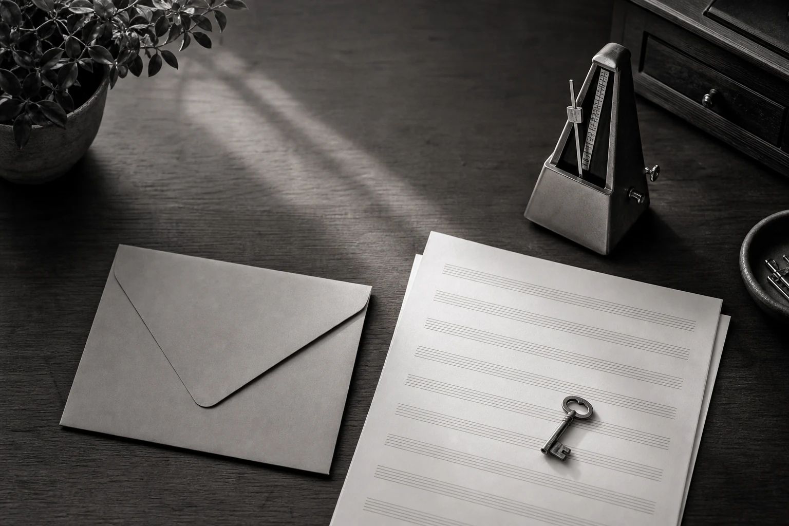 An overhead shot of an organized acoustic studio desk with manuscript paper, a metronome and a sealed envelope, soft natural light