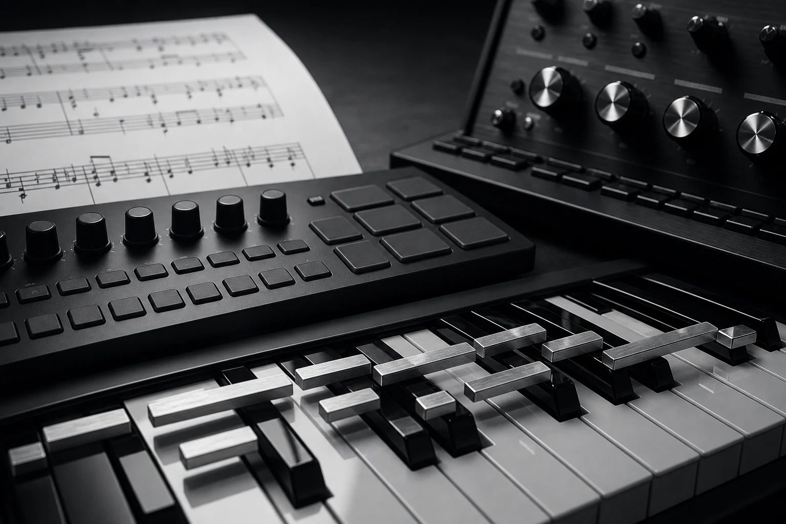 A MIDI controller keyboard glowing with backlit pads in a modern bedroom producer setup at night