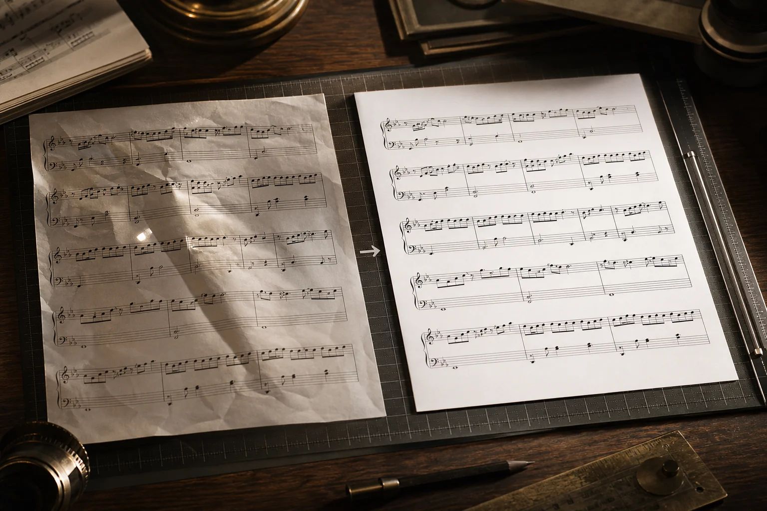A printed piano score under a warm studio lamp with a glowing clean scan version emerging from beside it