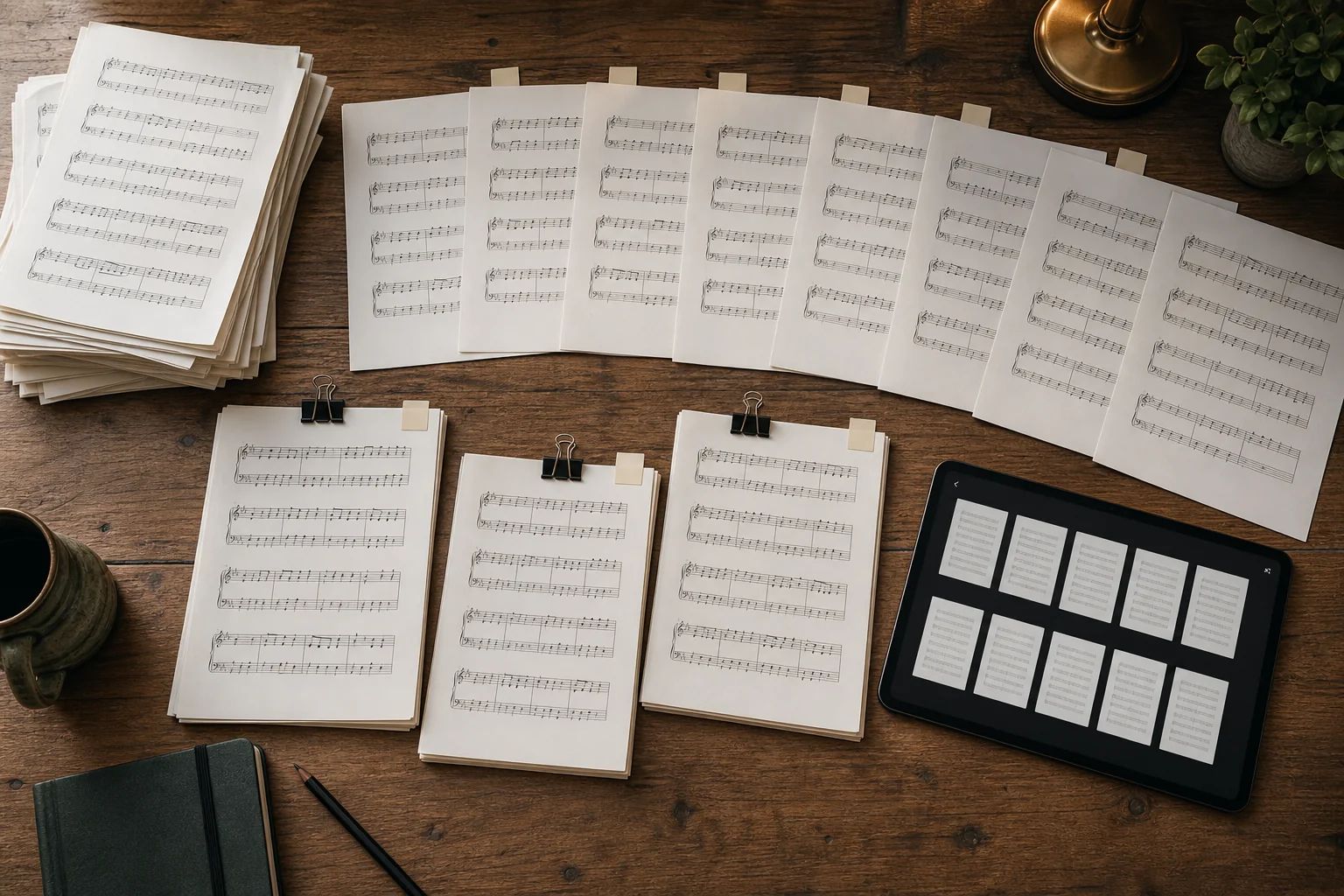 Multiple sheet music pages spread across a wide oak desk in soft daylight