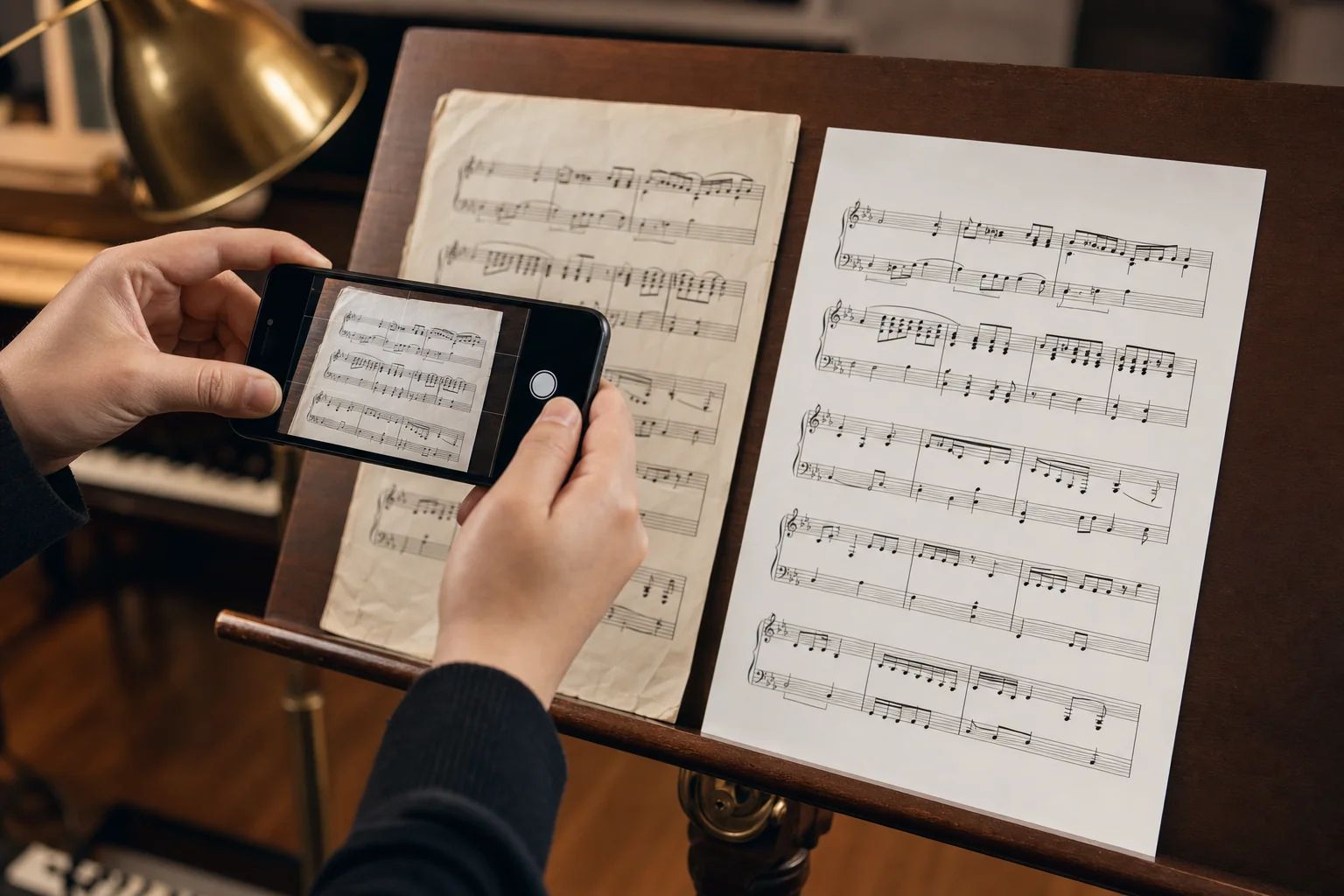 Smartphone capturing a sheet music page on a music stand, with a clean digital scan overlay highlighting the cleaned-up output