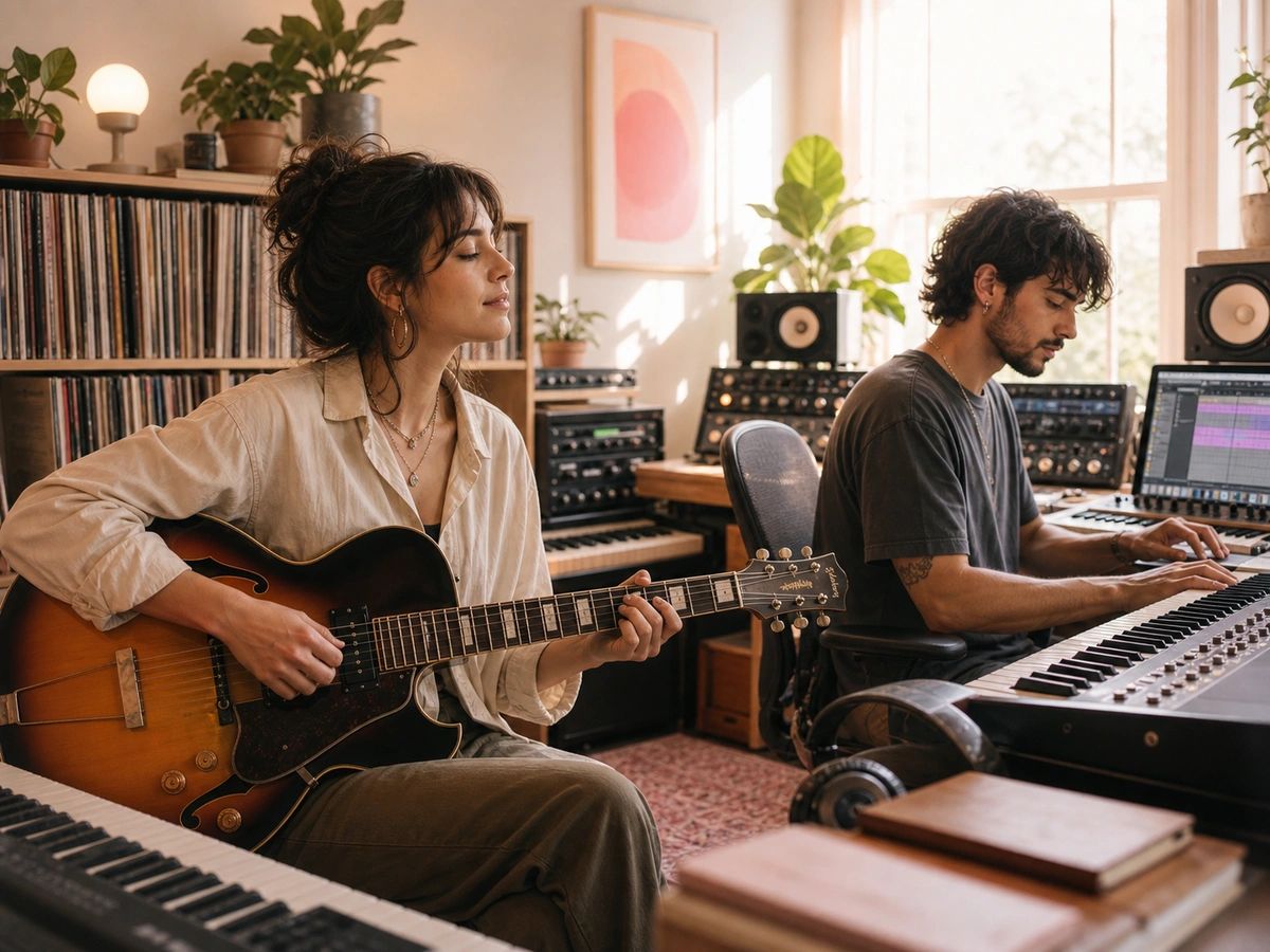 Espacio de trabajo de producción con stems, MIDI y análisis de audio