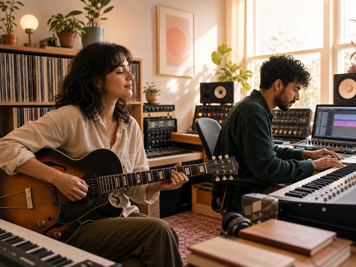 Espaço de trabalho de produção com stems, MIDI e análise de áudio