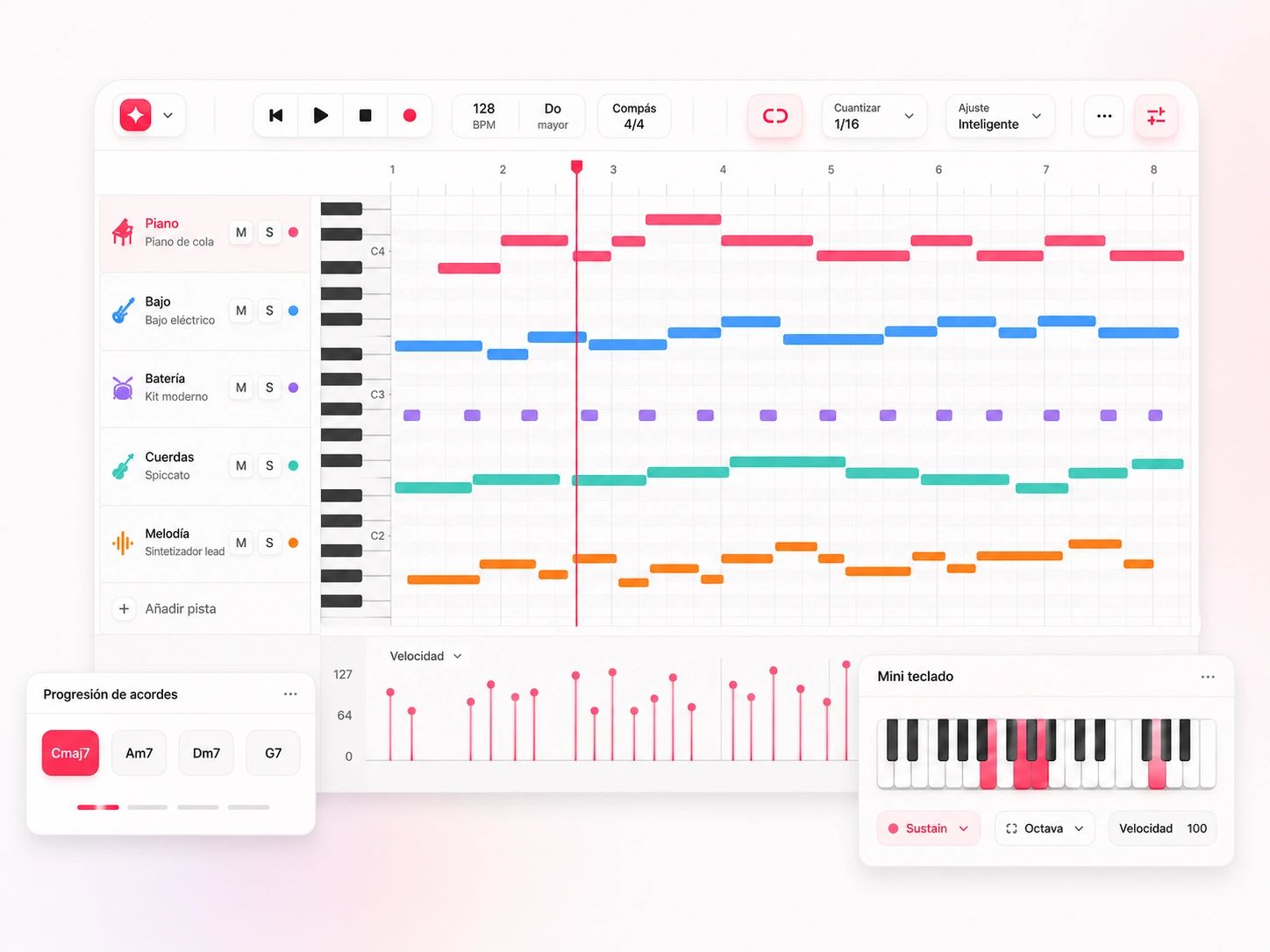 Editor MIDI online con piano roll y edición de notas